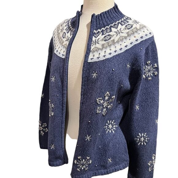 VTG Cardigan Blue&White Snowflakes Beads/Sequins size S - Picture 3 of 11